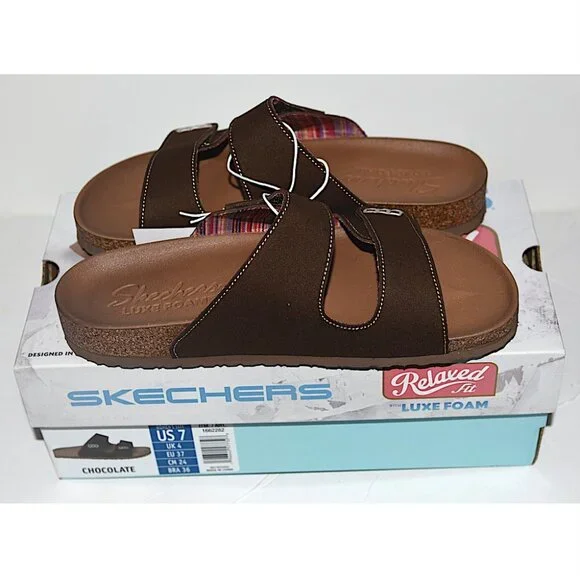 NIB Skechers Luxe Foam Relaxed Fit Sandals in Chocolate - Picture 4 of 7